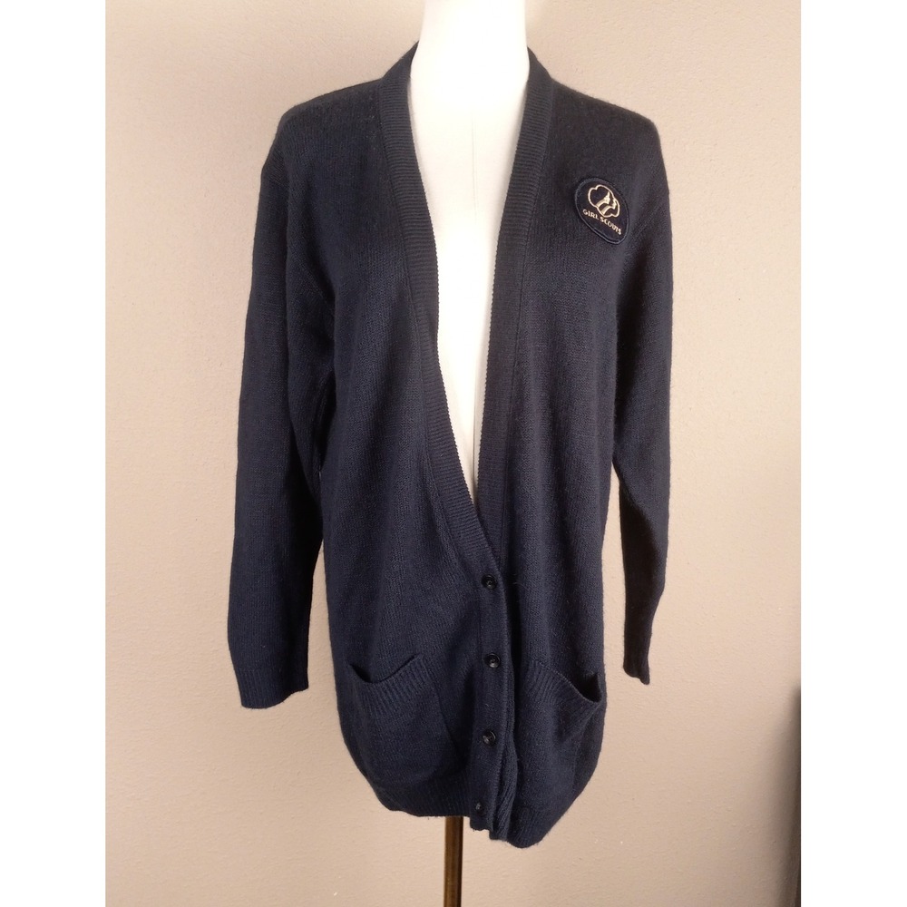 Vintage Girl Scouts Cardigan Sweater Navy Blue V-Neck Button Front Large 16-18